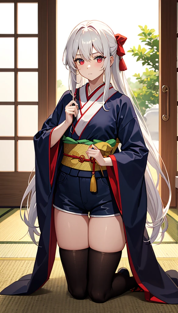 Good quality half body photo))(Teenage girl))アニメ)) looking at the camera angle))teenage girl with straight white hair with red highlights, straight white hair with red highlights, not very long hair, red band in hair, red hair tie in hair, big hair, Eyes red, scar on cheek, Caucasian skin, kimono tight shirt, japanese kimono, blue kimono blouse, blue blouse, short shorts, short shorts, big socks e pretas, yellow belt on the waist in the middle of the kimono, swords, Eyes red, he would be,Darkening, haughty, habilidade swordshin,swords na cinturado kimono, breasts big, japanese wooden slipper, white and red hair,  warrioress, scar on cheek, esoadashin, big black socks, big socks,