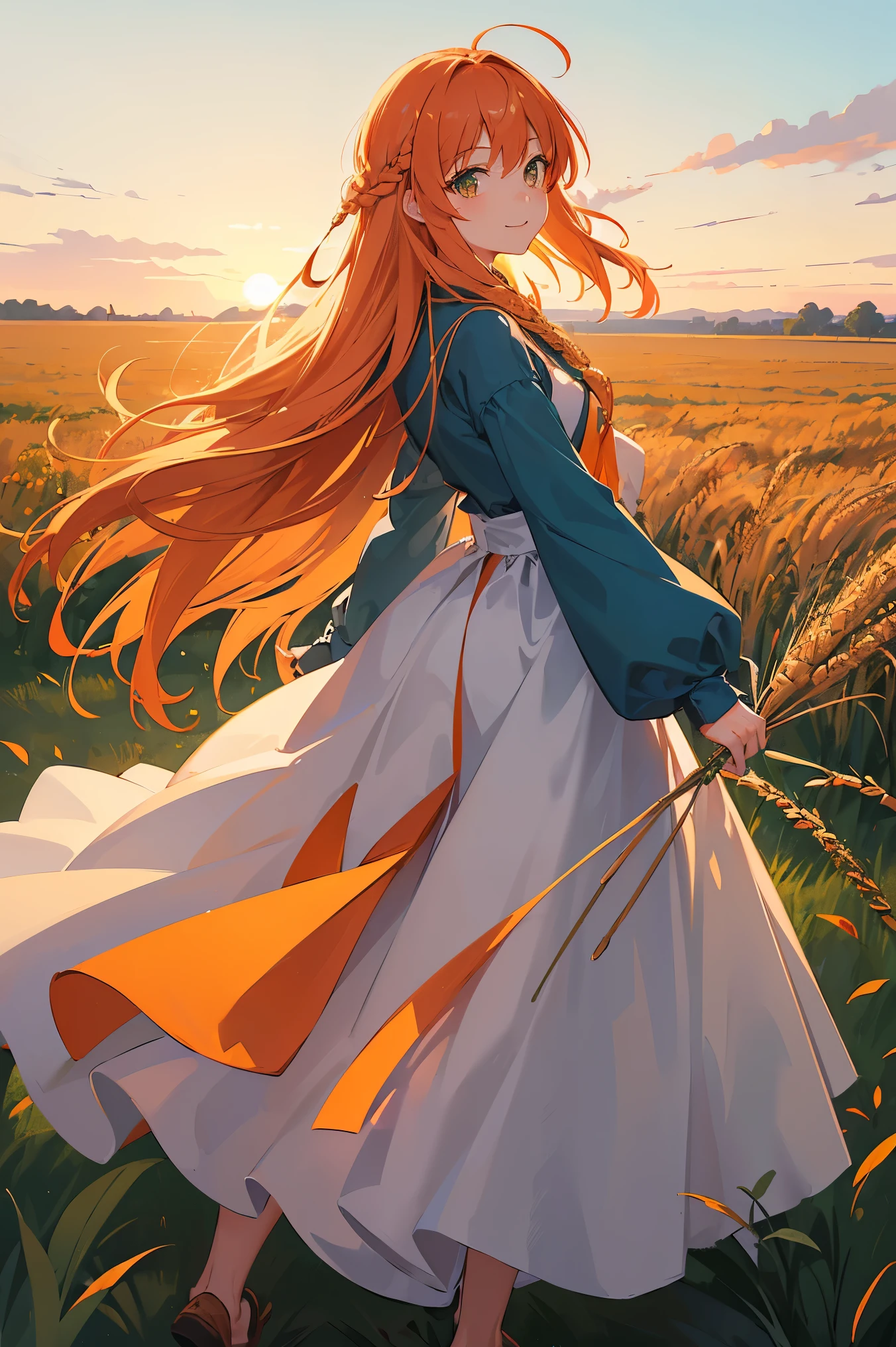 1 girl, alone, Long orange hair, running, (High wheat fields), turn around, emerald eyes, long blue dress, Middle Ages, Middle Ages 복장, long sleeve sunset, light from behind, Shadows in the picture, laugh, laugh, (blue sky), wheat in the background, stand far away, looking at viewer, total length