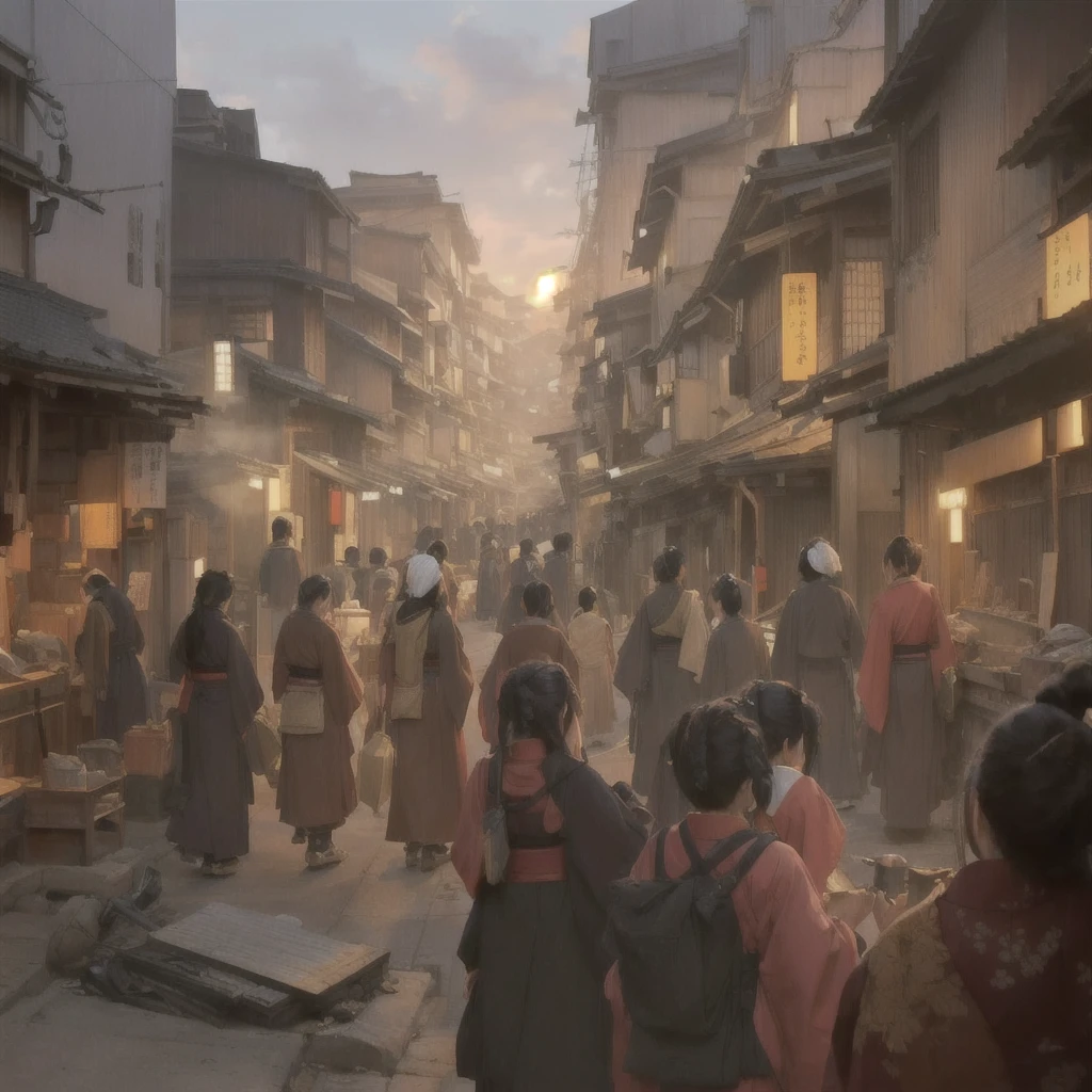 Many people walk along the crowded streets at night, Cyberpunk Market, Cinematic. Ren Jun, Bayard Wu, City Concept Art, by Han Gan, Luan Jia, Dreamy city in China, Inspired by Carl Spitzweg, Highly realistic concept art, イスマイル・インチェオグルとLuan Jia, Old Japanese street market, Beautiful concept art Blazing flames, fire, crowd, throng, freezing, mother warming her baby.Scenery and Cityscape in the Early Meiji Era After the Meiji Restoration, Japan underwent rapid modernization and civilization. Consequently, many changes and reforms occurred. Below is a detailed explanation of the scenery, appearance of the poor, occupations, and cityscapes in the early Meiji period (1868 to the early 1880s). 2. Appearance of the Poor Life for the impoverished and lower classes remained harsh. In particular, in urban areas, people migrated from rural areas or unemployed artisans gathered, intensifying competition in the labor market. Many of them struggled with poverty, often residing in slums or around temples. 3. Occupations Meiji early Japan witnessed a diversification of occupations. Traditional agriculture and handicrafts were accompanied by the rise of modern industry and commerce. Particularly in urban areas, factory workers, shop clerks, and transporters increased, giving rise to new professions. However, many in these occupations endured harsh working conditions. 4. Influence of Civilization and Enlightenment During the Meiji era, Western cultural influences spread rapidly. Changes in clothing, dietary habits, and the proliferation of Western-style architecture advanced, especially in urban areas. Conversely, this development posed a threat to traditional culture and lifestyles, resulting in societal upheaval and adaptation challenges. 5. Social Change and Policy Influence While promoting modernization policies, the government also addressed poverty and social issues. Legislation for labor protection and charitable activities to aid the poor were implemented. Nevertheless, living conditions for the impoverished scarcely improved. The early Meiji period marked a rapid transformation in Jap