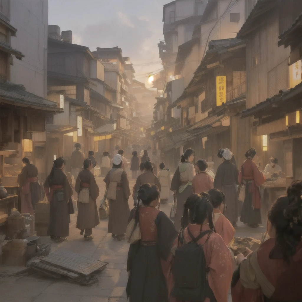 Many people walk along the crowded streets at night, Cyberpunk Market, Cinematic. Ren Jun, Bayard Wu, City Concept Art, by Han Gan, Luan Jia, Dreamy city in China, Inspired by Carl Spitzweg, Highly realistic concept art, イスマイル・インチェオグルとLuan Jia, Old Japanese street market, Beautiful concept art Blazing flames, fire, crowd, throng, freezing, mother warming her baby.Scenery and Cityscape in the Early Meiji Era After the Meiji Restoration, Japan underwent rapid modernization and civilization. Consequently, many changes and reforms occurred. Below is a detailed explanation of the scenery, appearance of the poor, occupations, and cityscapes in the early Meiji period (1868 to the early 1880s). 2. Appearance of the Poor Life for the impoverished and lower classes remained harsh. In particular, in urban areas, people migrated from rural areas or unemployed artisans gathered, intensifying competition in the labor market. Many of them struggled with poverty, often residing in slums or around temples. 3. Occupations Meiji early Japan witnessed a diversification of occupations. Traditional agriculture and handicrafts were accompanied by the rise of modern industry and commerce. Particularly in urban areas, factory workers, shop clerks, and transporters increased, giving rise to new professions. However, many in these occupations endured harsh working conditions. 4. Influence of Civilization and Enlightenment During the Meiji era, Western cultural influences spread rapidly. Changes in clothing, dietary habits, and the proliferation of Western-style architecture advanced, especially in urban areas. Conversely, this development posed a threat to traditional culture and lifestyles, resulting in societal upheaval and adaptation challenges. 5. Social Change and Policy Influence While promoting modernization policies, the government also addressed poverty and social issues. Legislation for labor protection and charitable activities to aid the poor were implemented. Nevertheless, living conditions for the impoverished scarcely improved. The early Meiji period marked a rapid transformation in Jap