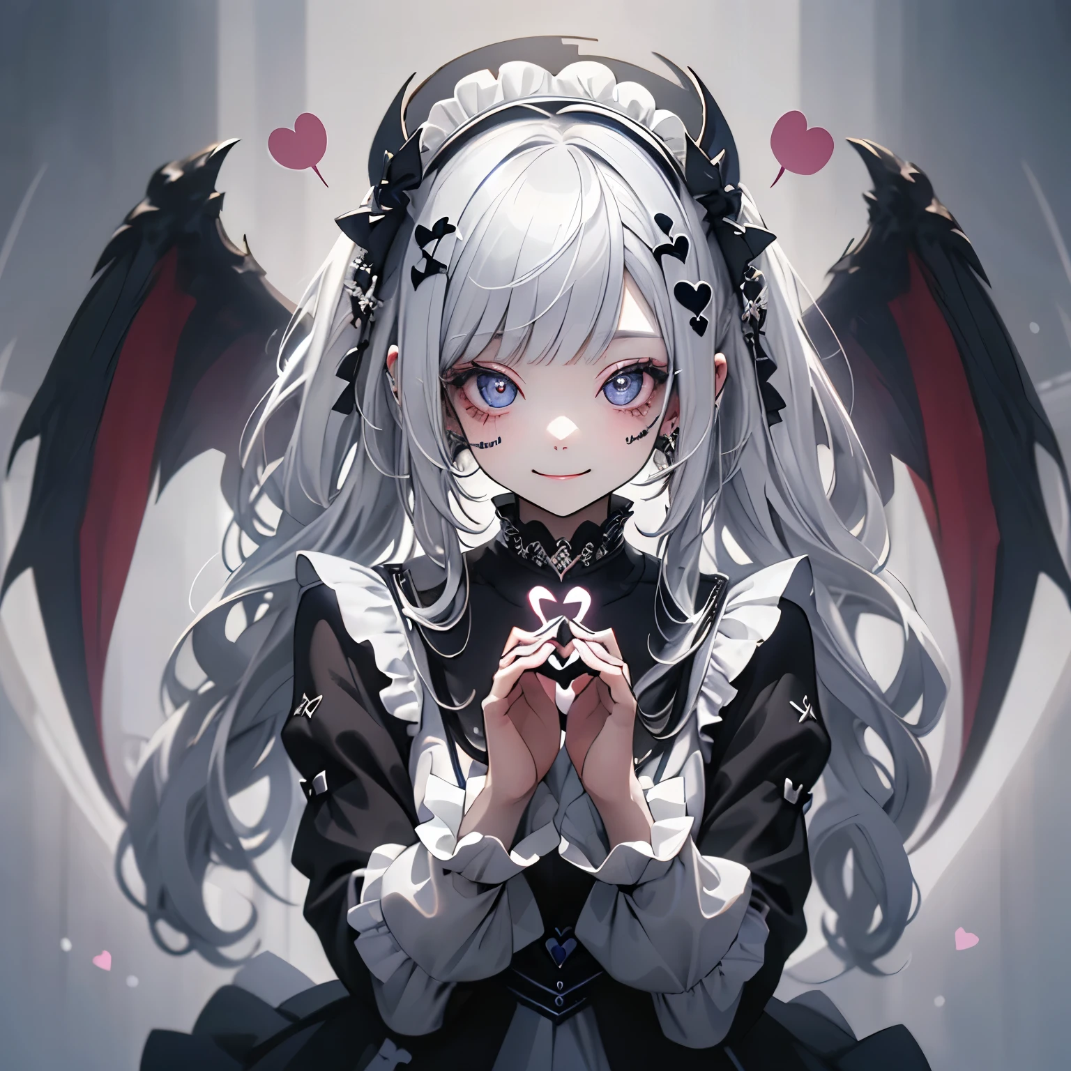 (masterpiece), Highest quality, Ultra-high resolution,White ta、Silver Hair、Black Hair、Big smile、Bat、Angel、Sick Makeup、Maid、fine、(Making a heart with hands:1.3)、music