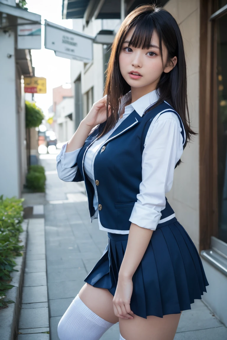 (masterpiece:1.2, Highest quality), (Realistic, photoRealistic:1.4), Beautiful illustrations, (Natural Side Lighting, Cinema Lighting), 
View your audience, Cowboy Shot, Front view:0.6, 1 girl, Japanese, high school girl, Perfect Face, Cute and symmetrical face, Glowing Skin, 
(Mid-length hair:1.8, Straight hair:1.7, Brown Hair), Asymmetrical bangs, Golden Eyes, (Large Breasts:1.1, Thick thighs), 
Beautiful Hair, Beautiful Face, Beautiful details, Beautiful clavicle, Beautiful body, Beautiful breasts, Beautiful thighs, Beautiful legs, 
((Light blue collared shirt, Navy pleated mini skirt, socks, To the Navy, Navy vest, White knee socks)), Pink Panties, 
(Beautiful views), evening, street, Vibrator in knee socks, (Roll up the skirt yourself, ), (Dildo under clothes),
((Ahegao, Embarrassing, Scared, Open your mouth)), 