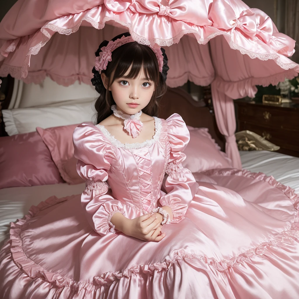 highest quality, masterpiece, highest resolution, artwork, super それにget used to it, many get used to it, get used to it, それにget used to it,(Loli), Girl, 10 years old,the girl is a princess,((girly dark pink satin fabric)), ((A Victorian ballgown dress with plenty of pink ruffles and bows and a voluminous full-length hoop skirt.)),long sleeve,long dress,A dress with lots of frills and ribbons..,luxury,((Palace bedroom)),((Huge square victorian canopy king size bed)),(the girl is sitting on the bed),lots of frilly pillows,ruffle bed skirt,
