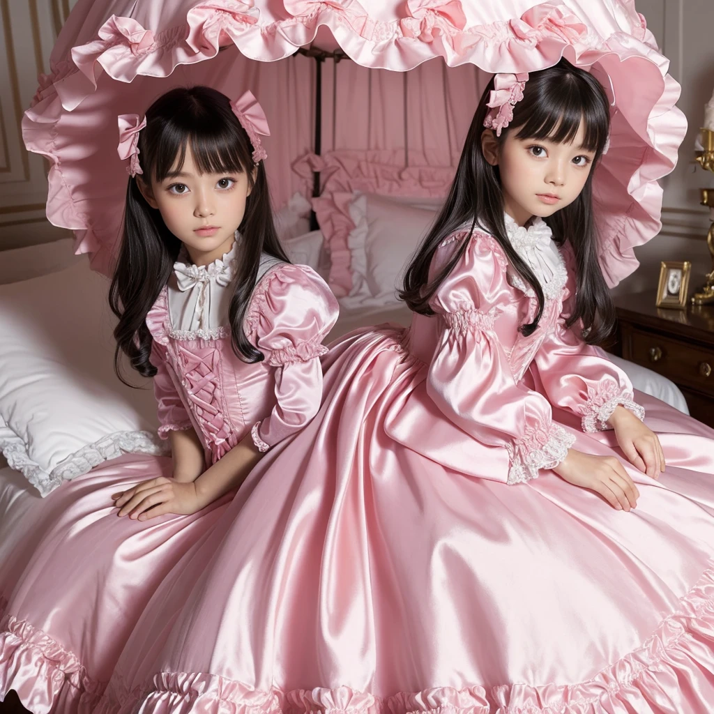 highest quality, masterpiece, highest resolution, artwork, super それにget used to it, many get used to it, get used to it, それにget used to it,(), Girl, 10 y girl is a princess,((girly dark pink satin fabric)), ((A Victorian ballgown dress with plenty of pink ruffles and bows and a voluminous full-length hoop skirt.)),long sleeve,long dress,A dress with lots of frills and ribbons..,luxury,((Palace bedroom)),((Huge square victorian canopy king size bed)),(the girl is sitting on the bed),lots of frilly pillows,ruffle bed skirt,