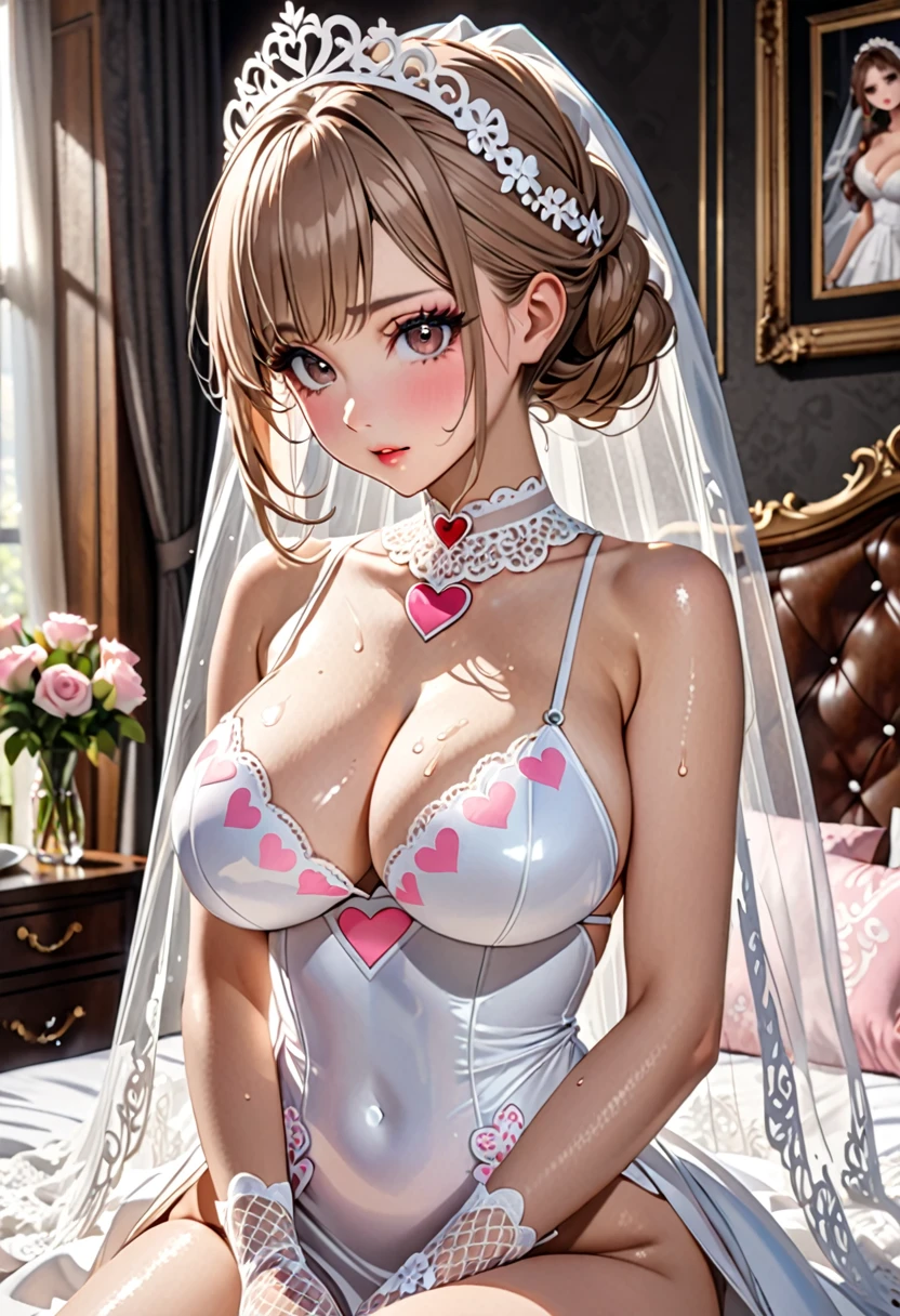 (((Highest quality, Ultra-high resolution、The most complex and detailed depiction)))、((masterpiece:1.3)), (8k, RAW Photos, Best image quality: 1.4), Very detailedな顔、Attention to detail、(Beautiful woman:1.4),(Realistic:1.4) (8k, RAW Photos,), (photo-Realistic:1.2), Very detailed, Beautiful attention to detail, (girl:1.3)、Dark eyeliner、Eyelash length、False eyelashes、double eyelid、Brown eyes、Light fluorescent lip gloss, ((hostess:1.2))，(((Bride in prom dress)))、(((pink heart print bikini、Red and white big heart pattern),(Pink tea bags)、(White wreath on head、Wedding veil、Maria veil))、Pink heart choker around the neck),(((Open wedding dress)))、(((White mesh opera gloves))),(Huge breasts:1.6),、(Cleavage:1.2)、(((Light brown hair、Braided hair、((Putting hair together at the back of the head，Hair Up)))))、Gal-style makeup、Dark eyeliner、black eyeliner、Heavy eye makeup、Eyelash length、False eyelashes、Eyelash length、Big eyes、Big black eyes、Big eyes、elongated nose、Heavy makeup、Face with gills、Spread your legs and face forward.、(((whole body)))、Spread your legs座る、Spread your legs、sexy、Glamorous Body、(Saggy breasts、Large saggy breasts)、((Sweat、Your body is wet))、(((Lie face up on the bed)),(Breastfeeding with your arms、Cover your crotch with your hands)