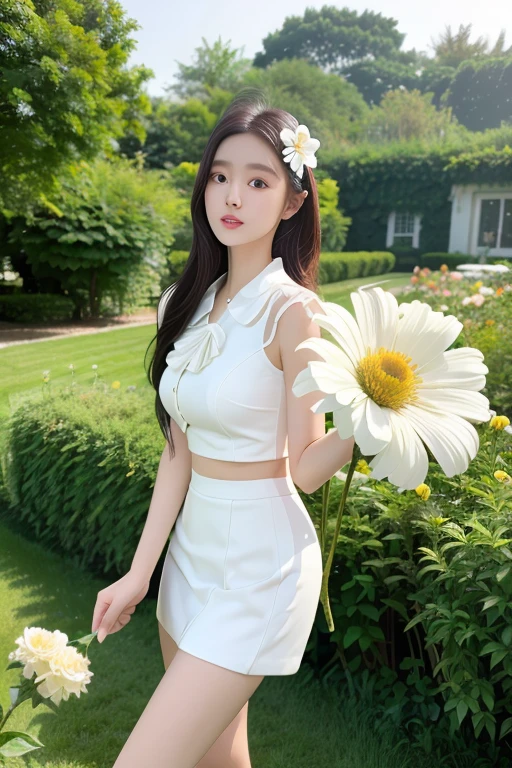 (best quality, masterpiece: 1.2), portrait, Large target , outdoor, 25-year-old woman in the garden: 2, White mini skirt, (Pale flower chaos in the background: 1.3) Same role, Different clothing, different angle, Backlight: 1.5, Rich skin details: 1.5,