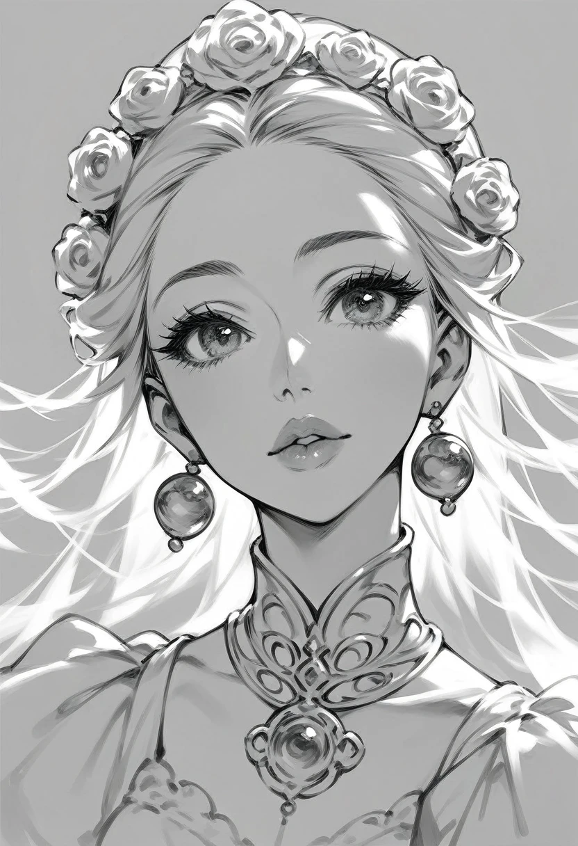 a highly detailed black and white sketch of a young woman, beautiful detailed eyes, beautiful detailed lips, extremely detailed face, long eyelashes, solo portrait, delicate hatching and shading, manga style, monochrome