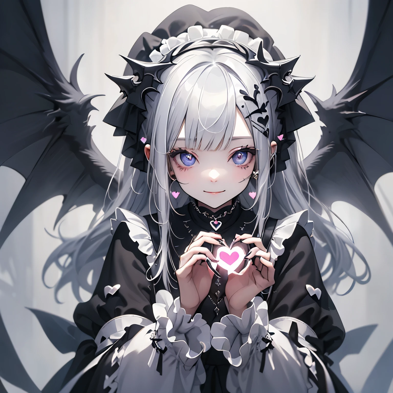 (masterpiece), Highest quality, Ultra-high resolution,White Lolita、Silver Hair、Black Hair、Big smile、Bat、Angel、Sick Makeup、Maid、fine、(Making a heart with hands:1.3)、music