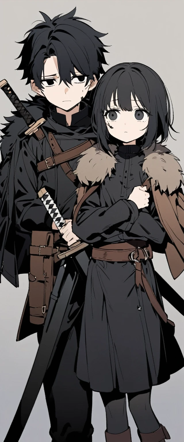 Drawing style of a small teenager of 14 years old with short black hair and a little messy with a small shadow on her face showing how gloomy she is with black eyes wearing black clothes with brown leather straps with a fur black over his clothing shoulders while he has a sword in his sheath with a strap on his waist, with an empty look without feelings looking at nothing