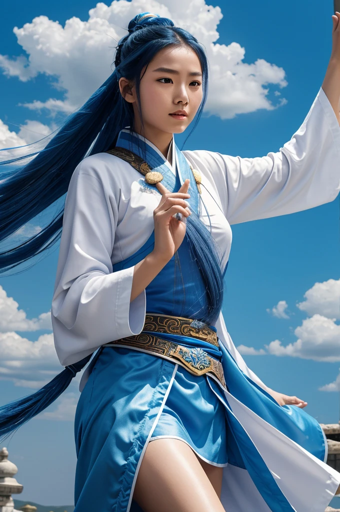 Young Chinese warrior with long blue hair fastened by a blue ribbon and one strand of her hair is falling down, she is wearing a white Chinese ancient warrior robe with blue stripes and is floating in the sky with her hands bent towards her chest as she is casting magic with only two of her fingers from each arm, between her fingers is a bright blue sci-fi ball of energy,she is wearing white boots with one of her legs slightly lifted up