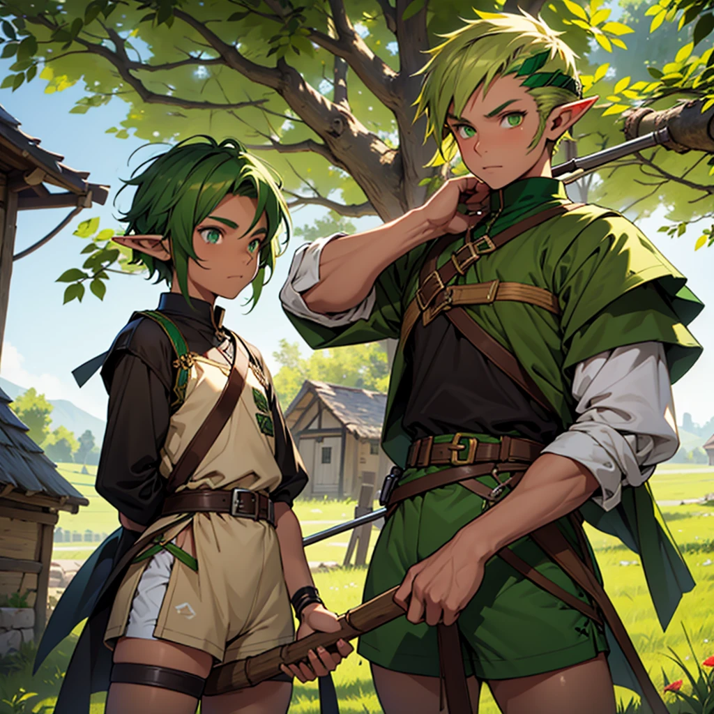 make a 14 year old elf boy wearing a green archer outfit with yellow and black striped hair with brown eyes fight a 25 year old elf girl with green hair and green eyes wearing a green archer outfit with shorts in front of a village medieval 