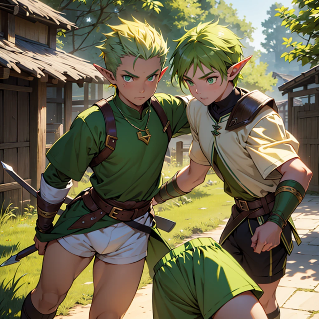 make a 14 year old elf boy wearing a green archer outfit with yellow and black striped hair with brown eyes fight a 25 year old elf girl with green hair and green eyes wearing a green archer outfit with shorts in front of a village medieval