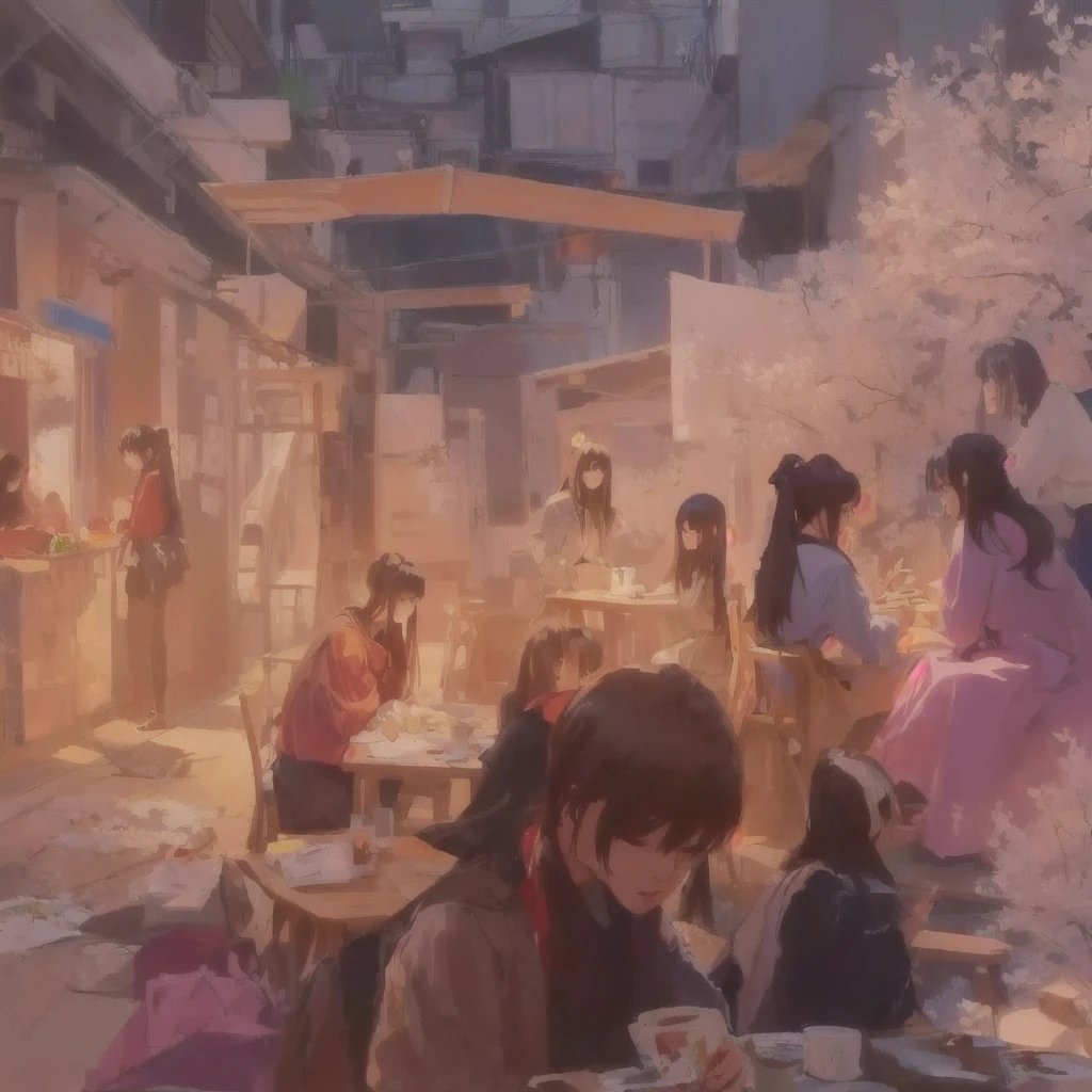 People sitting around a table in a room々Group painting, Gwaiz, Gwaiz on pixiv artstation, artwork in the style of Gwaiz, Painted in an anime artist's studio, Painterly concept art, Beautiful artwork illustration, Blurry dreamy illustration, Blurry dreamy illustration, Blazing flames created by anime painter studio, fire, crowd, throng, freezing, mother warming her baby.Scenery and Cityscape in the Early Meiji Era After the Meiji Restoration, Japan underwent rapid modernization and civilization. Consequently, many changes and reforms occurred. Below is a detailed explanation of the scenery, appearance of the poor, occupations, and cityscapes in the early Meiji period (1868 to the early 1880s). 2. Appearance of the Poor Life for the impoverished and lower classes remained harsh. In particular, in urban areas, people migrated from rural areas or unemployed artisans gathered, intensifying competition in the labor market. Many of them struggled with poverty, often residing in slums or around temples. 3. Occupations Meiji early Japan witnessed a diversification of occupations. Traditional agriculture and handicrafts were accompanied by the rise of modern industry and commerce. Particularly in urban areas, factory workers, shop clerks, and transporters increased, giving rise to new professions. However, many in these occupations endured harsh working conditions. 4. Influence of Civilization and Enlightenment During the Meiji era, Western cultural influences spread rapidly. Changes in clothing, dietary habits, and the proliferation of Western-style architecture advanced, especially in urban areas. Conversely, this development posed a threat to traditional culture and lifestyles, resulting in societal upheaval and adaptation challenges. 5. Social Change and Policy Influence While promoting modernization policies, the government also addressed poverty and social issues. Legislation for labor protection and charitable activities to aid the poor were implemented. Nevertheless, living conditions for the impoverished scarcely improved. The early Meiji period marked a rapid transformation in Japa