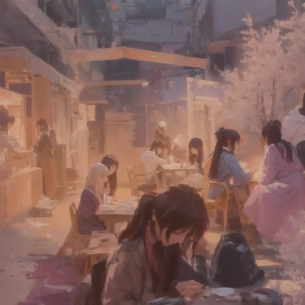 People sitting around a table in a room々Group painting, Gwaiz, Gwaiz on pixiv artstation, artwork in the style of Gwaiz, Painted in an anime artist's studio, Painterly concept art, Beautiful artwork illustration, Blurry dreamy illustration, Blurry dreamy illustration, Blazing flames created by anime painter studio, fire, crowd, throng, freezing, mother warming her baby.Scenery and Cityscape in the Early Meiji Era After the Meiji Restoration, Japan underwent rapid modernization and civilization. Consequently, many changes and reforms occurred. Below is a detailed explanation of the scenery, appearance of the poor, occupations, and cityscapes in the early Meiji period (1868 to the early 1880s). 2. Appearance of the Poor Life for the impoverished and lower classes remained harsh. In particular, in urban areas, people migrated from rural areas or unemployed artisans gathered, intensifying competition in the labor market. Many of them struggled with poverty, often residing in slums or around temples. 3. Occupations Meiji early Japan witnessed a diversification of occupations. Traditional agriculture and handicrafts were accompanied by the rise of modern industry and commerce. Particularly in urban areas, factory workers, shop clerks, and transporters increased, giving rise to new professions. However, many in these occupations endured harsh working conditions. 4. Influence of Civilization and Enlightenment During the Meiji era, Western cultural influences spread rapidly. Changes in clothing, dietary habits, and the proliferation of Western-style architecture advanced, especially in urban areas. Conversely, this development posed a threat to traditional culture and lifestyles, resulting in societal upheaval and adaptation challenges. 5. Social Change and Policy Influence While promoting modernization policies, the government also addressed poverty and social issues. Legislation for labor protection and charitable activities to aid the poor were implemented. Nevertheless, living conditions for the impoverished scarcely improved. The early Meiji period marked a rapid transformation in Japa
