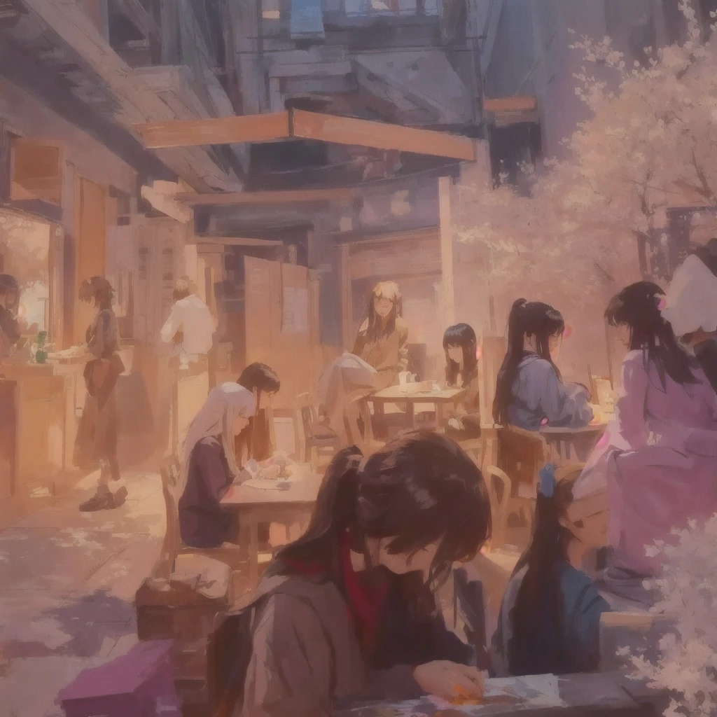 People sitting around a table in a room々Group painting, Gwaiz, Gwaiz on pixiv artstation, artwork in the style of Gwaiz, Painted in an anime artist's studio, Painterly concept art, Beautiful artwork illustration, Blurry dreamy illustration, Blurry dreamy illustration, Blazing flames created by anime painter studio, fire, crowd, throng, freezing, mother warming her baby.Scenery and Cityscape in the Early Meiji Era After the Meiji Restoration, Japan underwent rapid modernization and civilization. Consequently, many changes and reforms occurred. Below is a detailed explanation of the scenery, appearance of the poor, occupations, and cityscapes in the early Meiji period (1868 to the early 1880s). 2. Appearance of the Poor Life for the impoverished and lower classes remained harsh. In particular, in urban areas, people migrated from rural areas or unemployed artisans gathered, intensifying competition in the labor market. Many of them struggled with poverty, often residing in slums or around temples. 3. Occupations Meiji early Japan witnessed a diversification of occupations. Traditional agriculture and handicrafts were accompanied by the rise of modern industry and commerce. Particularly in urban areas, factory workers, shop clerks, and transporters increased, giving rise to new professions. However, many in these occupations endured harsh working conditions. 4. Influence of Civilization and Enlightenment During the Meiji era, Western cultural influences spread rapidly. Changes in clothing, dietary habits, and the proliferation of Western-style architecture advanced, especially in urban areas. Conversely, this development posed a threat to traditional culture and lifestyles, resulting in societal upheaval and adaptation challenges. 5. Social Change and Policy Influence While promoting modernization policies, the government also addressed poverty and social issues. Legislation for labor protection and charitable activities to aid the poor were implemented. Nevertheless, living conditions for the impoverished scarcely improved. The early Meiji period marked a rapid transformation in Japa