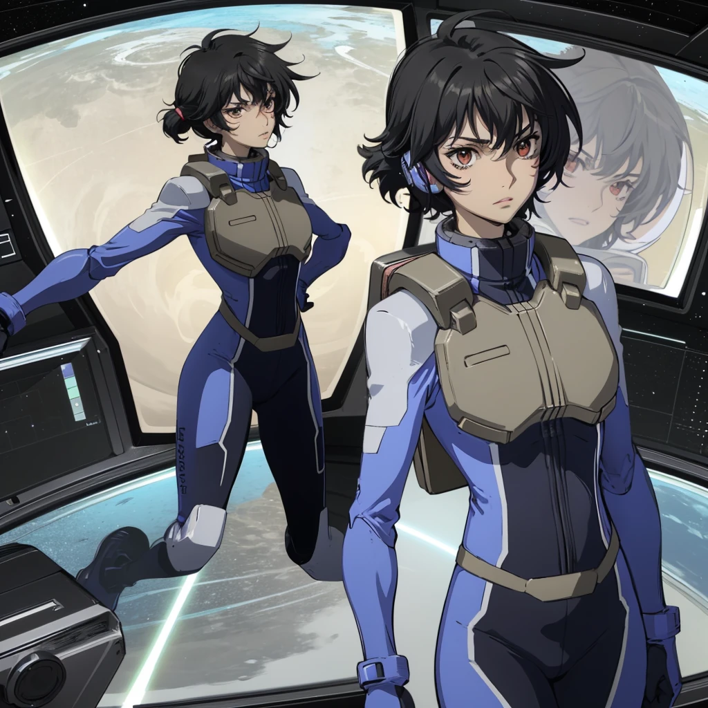 closed mouth, (16 years old), 1girl, (((genderbend))), (((female))), wide hips, narrow waist, (space helmet:1.1), 1st pilotsuit, 1st bodysuit, cockpit, monitor, ((anime artstyle)), long eyelashes, black hair