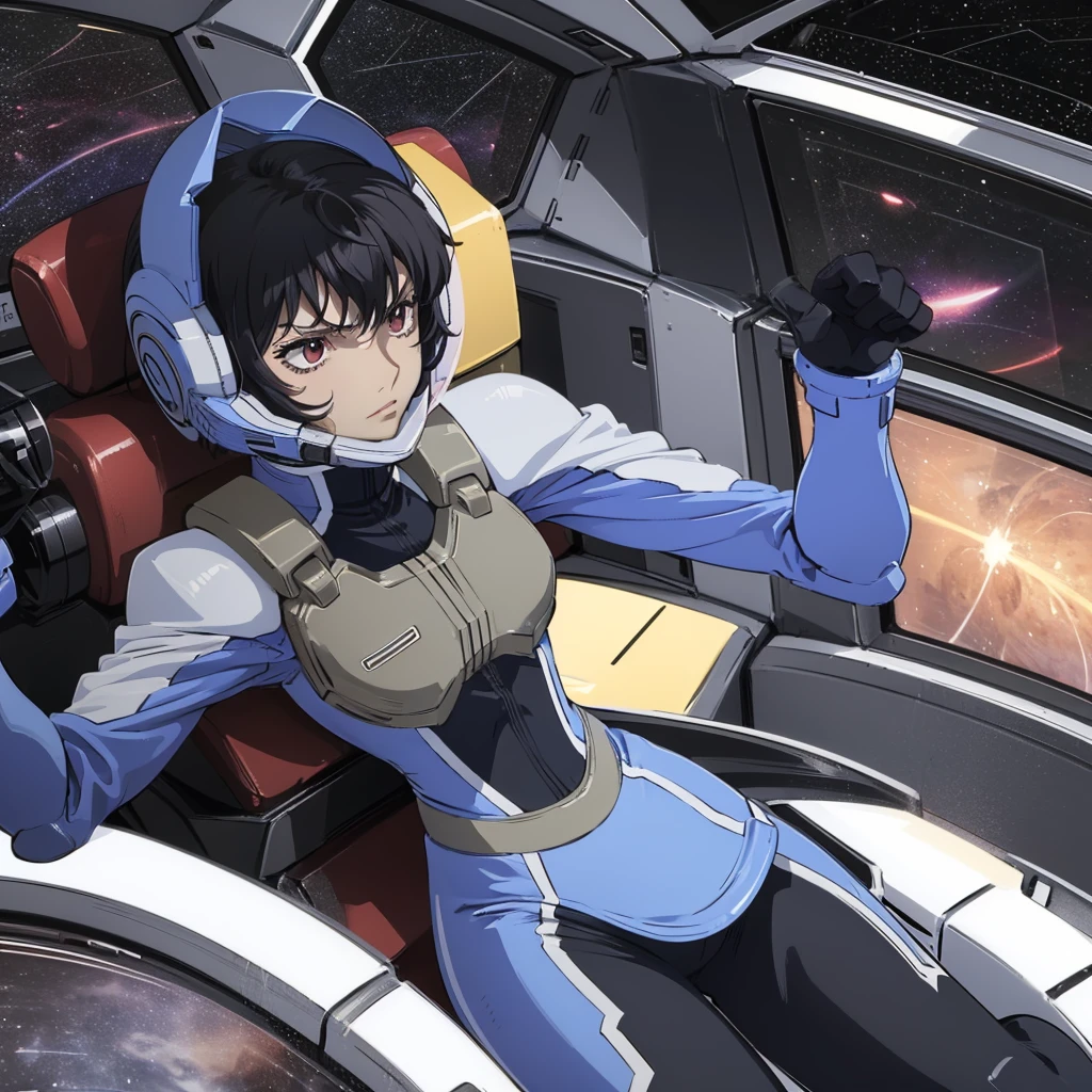 closed mouth, (), 1girl, (((genderbend))), (((female))), wide hips, narrow waist, (space helmet:1.1), 1st pilotsuit, 1st bodysuit, cockpit, monitor, ((anime artstyle)), long eyelashes, black hair