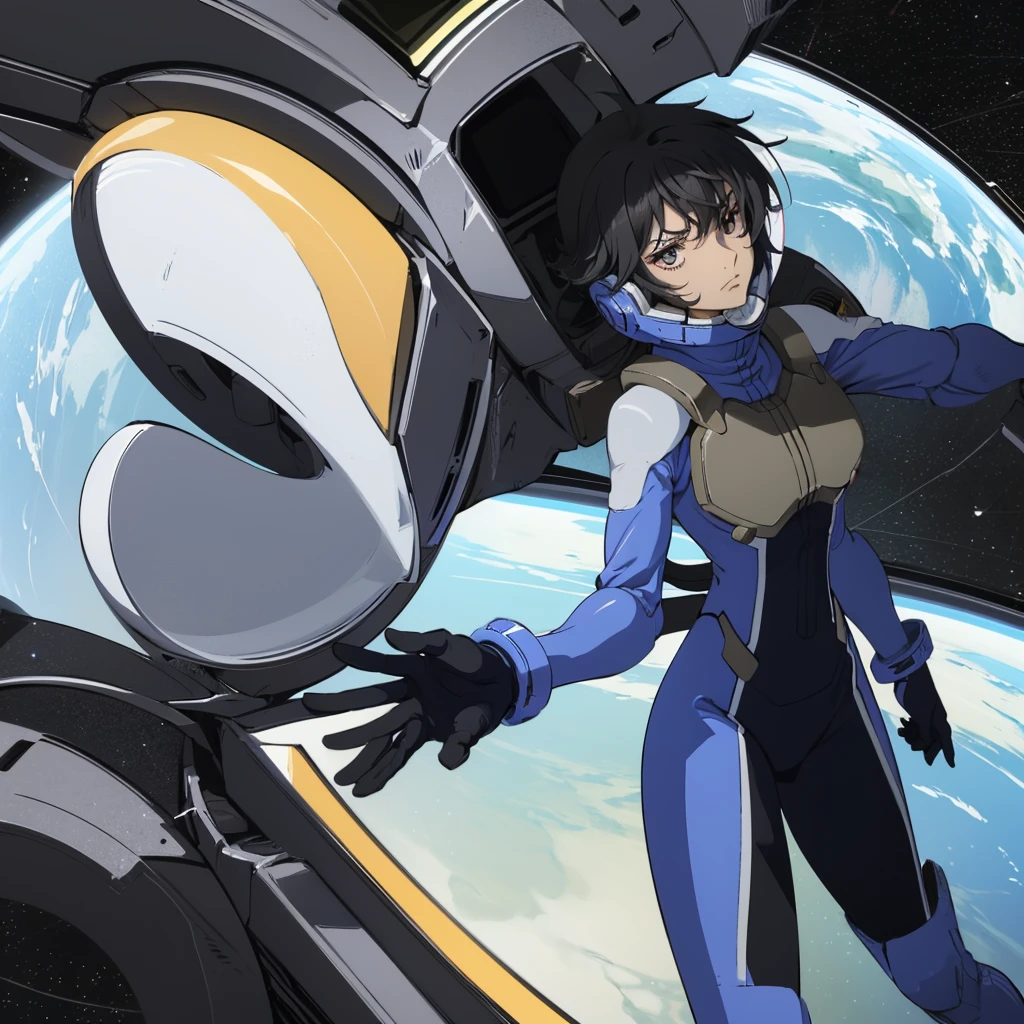 closed mouth, (16 years old), 1girl, (((genderbend))), (((female))), wide hips, narrow waist, (space helmet:1.1), 1st pilotsuit, 1st bodysuit, cockpit, monitor, ((anime artstyle)), long eyelashes, black hair