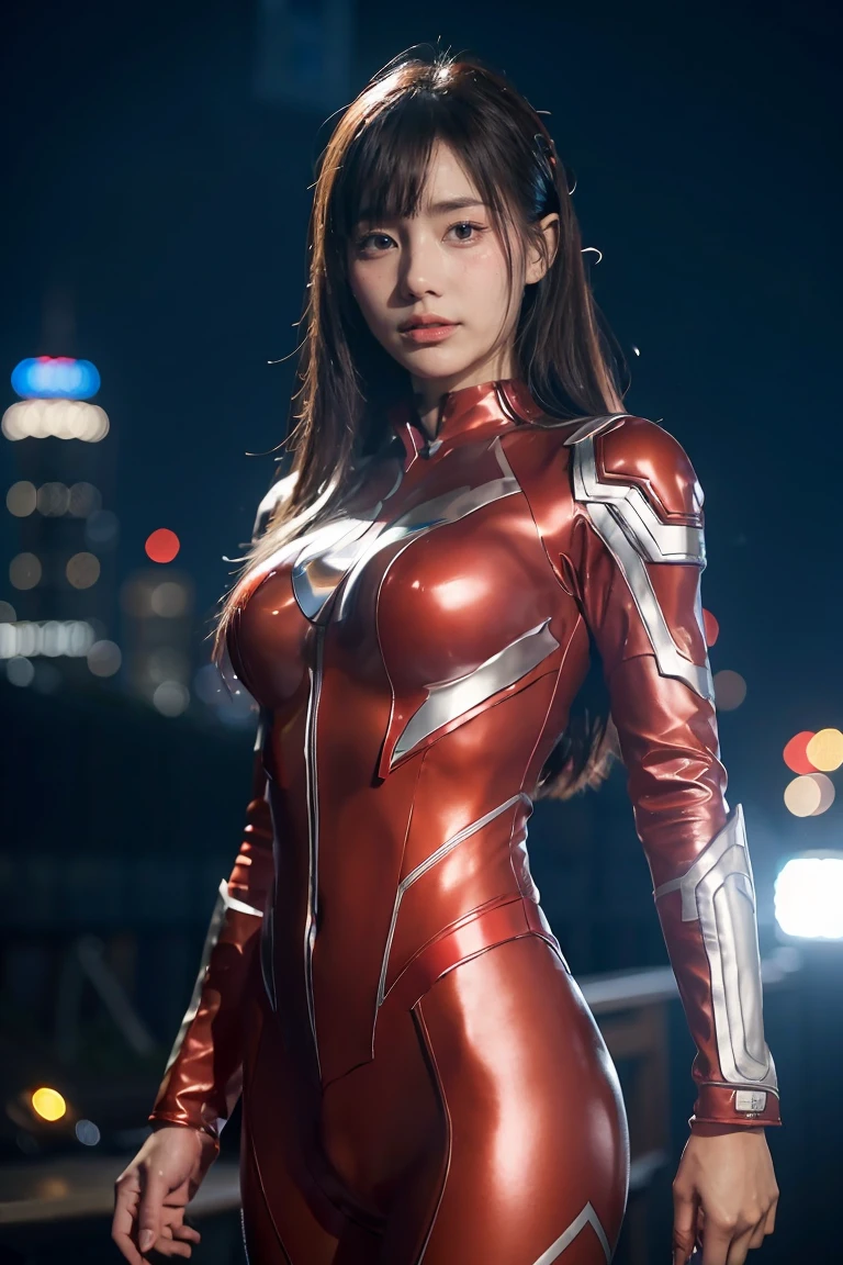 Ultraman、realistic、realistic、cinematic lighting, Girl in a shiny red and silver suit、、professional photos、Don'Do not expose your skin, japanese model, japanese cgi、Ultraman Suit、, Power Rangers Suit、tight and thin cyber suit,Whole body rubbery、There's pink There、 delicate body, big breasts、small ass、thin thighs、thin arms、thin waist、camel toe、Both sides of the cyber suit stick to the skin、Big eyes、black short hair、facing the front、facing the front立っている、A glowing sphere is embedded in the chest.、Essay Examination、 blue sky background