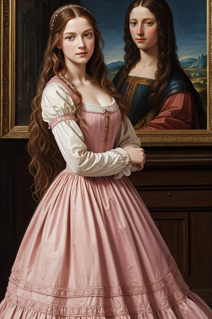 Renaissance style painting, of a woman, long wavy hair, light brown color, blue eyes and pink lips, with pink dress and everything from the time of 1500, and in the background of the painting the room of a castle