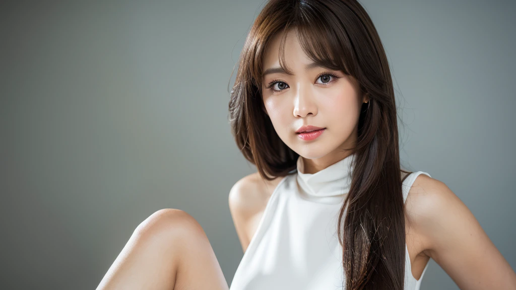 (Detailed face),((between legs)),Normal chest,cute,A silky white dress with sleeveless top and turtleneck,4K,Ultra-high resolution,（Photorealistic：1.7）,Gray background,Long Hair,