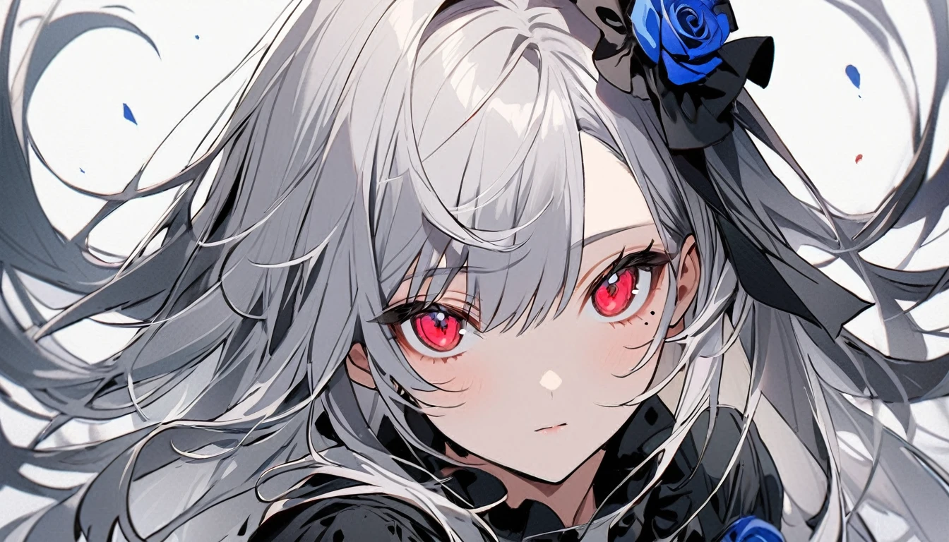 1 girl character。gray hair color、Glowing red eyes、Long Hair、There is a mole under the left eye。Without background、Depict people only。bluerose、Blue rose