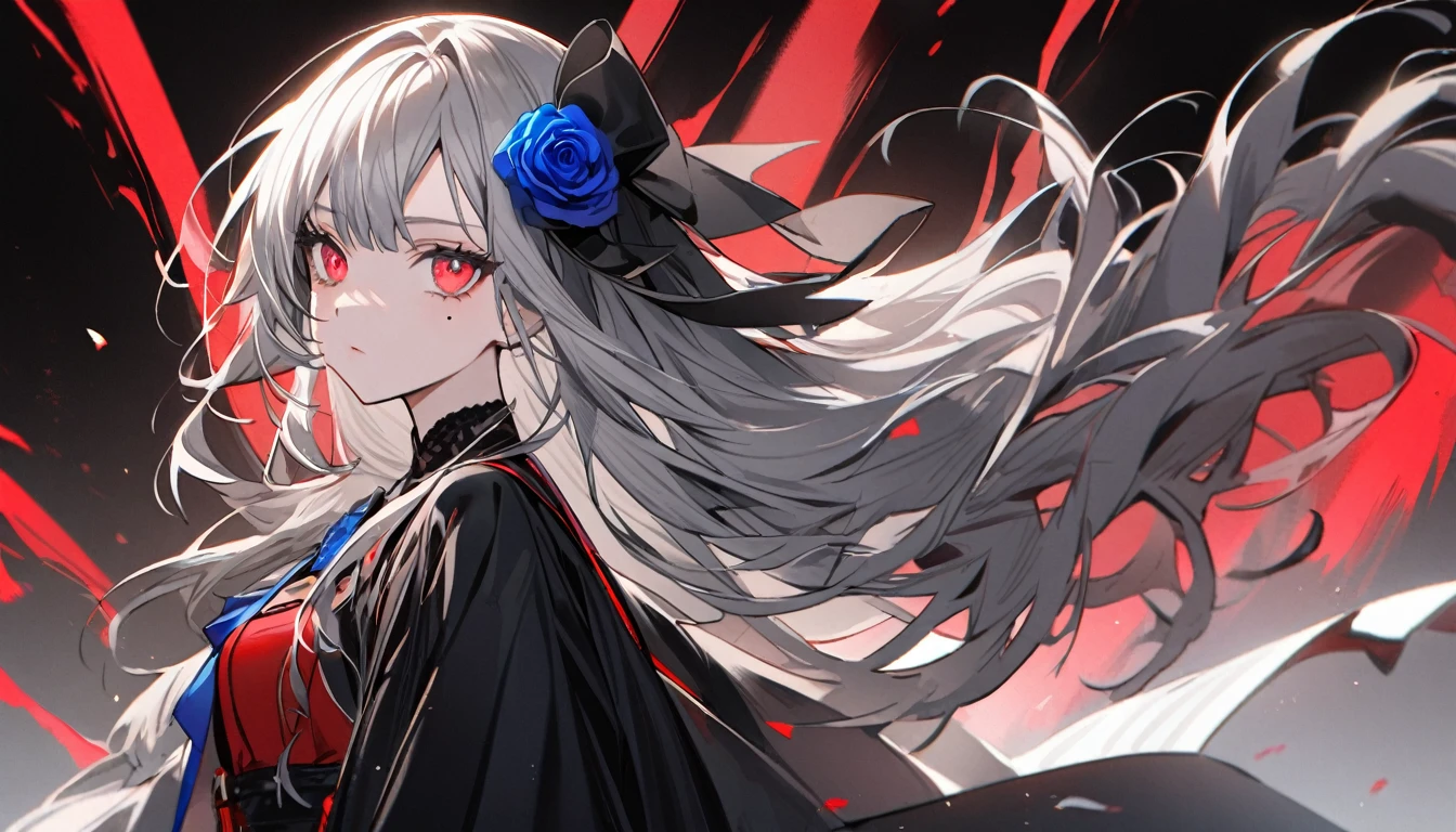 1 teen girl character。gray hair color、Glowing red eyes、Long Hair、There is a mole under the left eye。Without background、Depict people only。bluerose、Blue rose