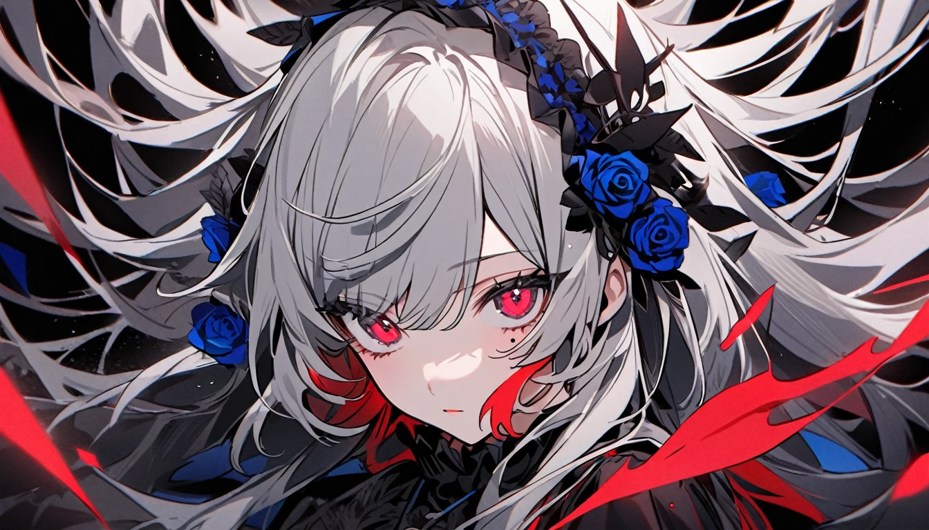 1 teen girl character。gray hair color、Glowing red eyes、Long Hair、There is a mole under the left eye。Without background、Depict people only。bluerose、Blue rose