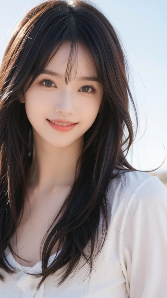 图片style为「Portrait photography」，Atmospheric，Beauty，Half-length close-up，White background，Smile，Grinning， style，Proportion 「2:3」，No wind，Wind speed is 0，Hair sags naturally，Hair does not flutter，front