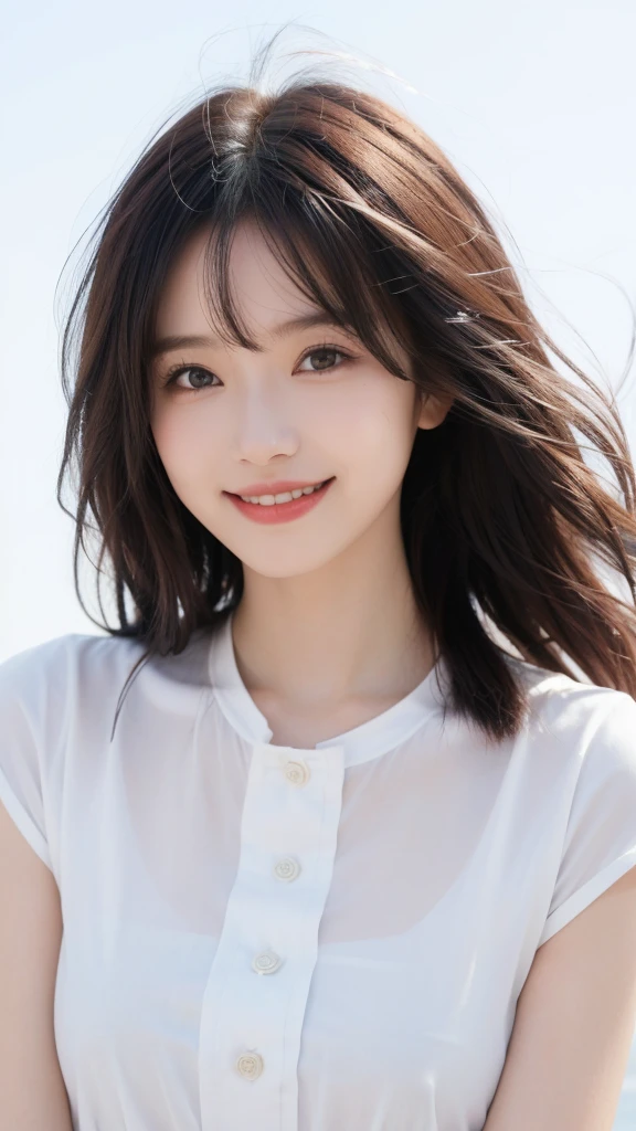 图片style为「Portrait photography」，Atmospheric，Beauty，Half-length close-up，White background，Smile，Grinning， style，Proportion 「2:3」，No wind，Wind speed is 0，Hair sags naturally，Hair does not flutter，front