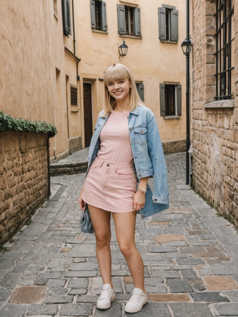 her name is Alliyah, high quality, 1girl, ((20-year-old fit Caucasian woman)), ((20 years old)), ((fit)), ((medium blonde with bangs)), pose: standing, wearing stylish pink trend Generation-Z modern wear, BACKGROUND: Surrounded by medieval buildings, cobblestone streets, and canals., ugly smiling, POSE: standing