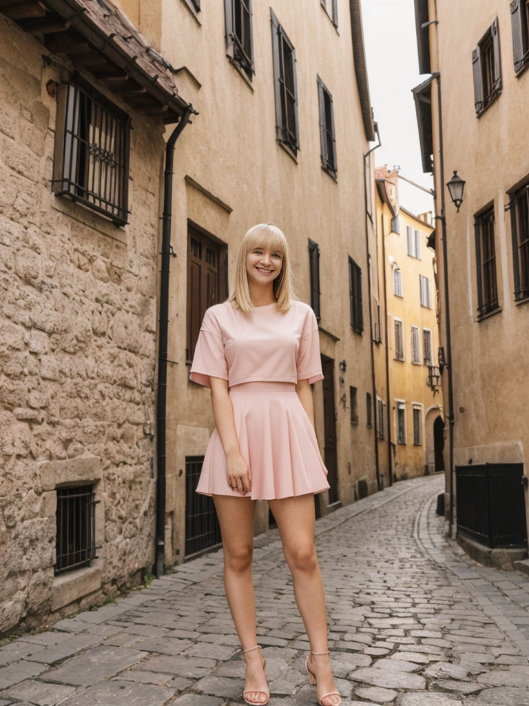 her name is Alliyah, high quality, 1girl, ((20-year-old fit Caucasian woman)), ((20 years old)), ((fit)), ((medium blonde with bangs)), pose: standing, wearing stylish pink trend Generation-Z modern wear, BACKGROUND: Surrounded by medieval buildings, cobblestone streets, and canals., ugly smiling, POSE: standing