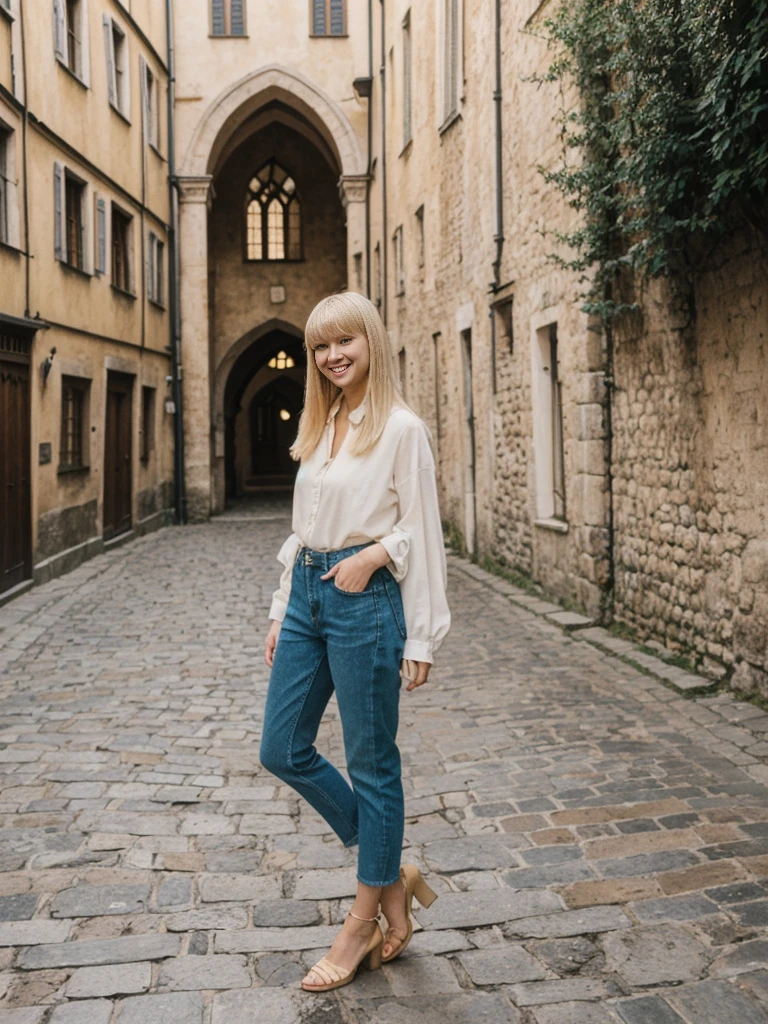 her name is Alliyah, high quality, 1girl, ((20-year-old fit Caucasian woman)), ((20 years old)), ((fit)), ((medium blonde with bangs)), pose: standing, wearing stylish random trend Generation-Z modern wear, BACKGROUND: Surrounded by medieval buildings, cobblestone streets, and canals., ugly smiling, POSE: standing
