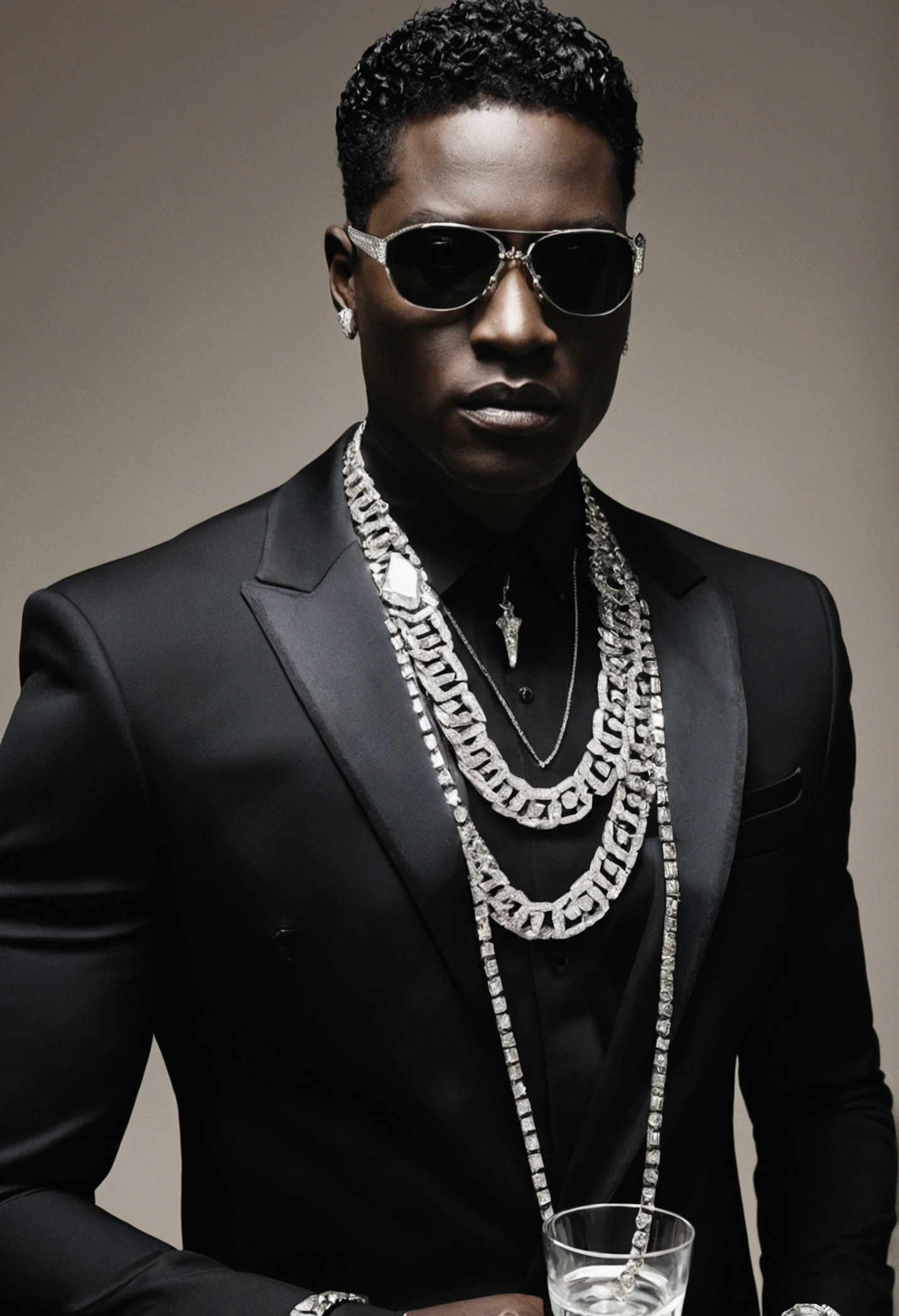 black noir from the boys series wearing a diamond studded chain holding a glass