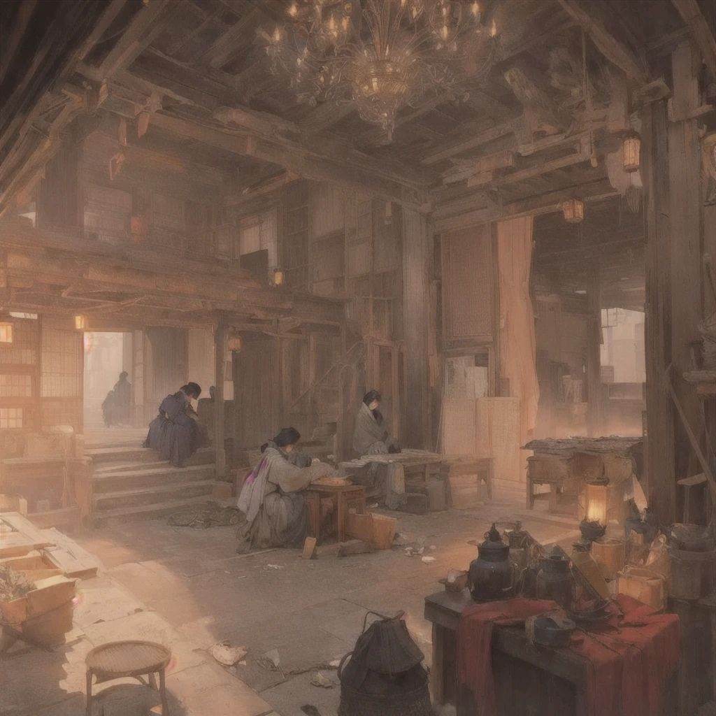 Picture of a room with a chandelier, a table and chairs, Bloodborne concept art, Spooky and nostalgic concept art, post apocalyptic palace interior, A library of Ruina concept art, Concept art Great atmosphere, Highly realistic concept art, Disco Elysium Concept Art, extremely detailed concept art, Beautifully detailed concept art, Painterly concept art, Blazing flames inspired by Andrew Ferres, fire, crowd, throng, freezing, mother warming her baby.Scenery and Cityscape in the Early Meiji Era After the Meiji Restoration, Japan underwent rapid modernization and civilization. Consequently, many changes and reforms occurred. Below is a detailed explanation of the scenery, appearance of the poor, occupations, and cityscapes in the early Meiji period (1868 to the early 1880s). 2. Appearance of the Poor Life for the impoverished and lower classes remained harsh. In particular, in urban areas, people migrated from rural areas or unemployed artisans gathered, intensifying competition in the labor market. Many of them struggled with poverty, often residing in slums or around temples. 3. Occupations Meiji early Japan witnessed a diversification of occupations. Traditional agriculture and handicrafts were accompanied by the rise of modern industry and commerce. Particularly in urban areas, factory workers, shop clerks, and transporters increased, giving rise to new professions. However, many in these occupations endured harsh working conditions. 4. Influence of Civilization and Enlightenment During the Meiji era, Western cultural influences spread rapidly. Changes in clothing, dietary habits, and the proliferation of Western-style architecture advanced, especially in urban areas. Conversely, this development posed a threat to traditional culture and lifestyles, resulting in societal upheaval and adaptation challenges. 5. Social Change and Policy Influence While promoting modernization policies, the government also addressed poverty and social issues. Legislation for labor protection and charitable activities to aid the poor were implemented. Nevertheless, living conditions for the impoverished scarcely improved. The early Meiji period marke