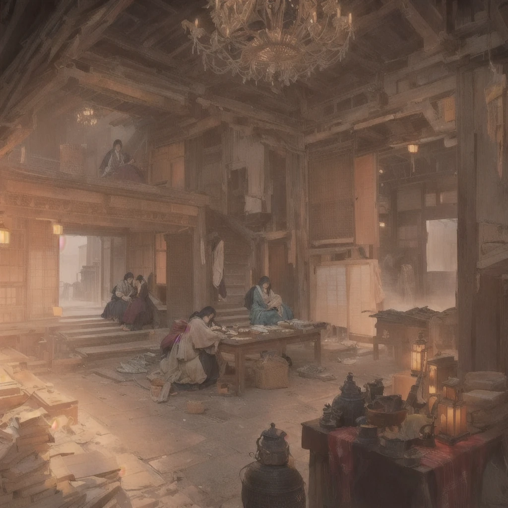 Picture of a room with a chandelier, a table and chairs, Bloodborne concept art, Spooky and nostalgic concept art, post apocalyptic palace interior, A library of Ruina concept art, Concept art Great atmosphere, Highly realistic concept art, Disco Elysium Concept Art, extremely detailed concept art, Beautifully detailed concept art, Painterly concept art, Blazing flames inspired by Andrew Ferres, fire, crowd, throng, freezing, mother warming her baby.Scenery and Cityscape in the Early Meiji Era After the Meiji Restoration, Japan underwent rapid modernization and civilization. Consequently, many changes and reforms occurred. Below is a detailed explanation of the scenery, appearance of the poor, occupations, and cityscapes in the early Meiji period (1868 to the early 1880s). 2. Appearance of the Poor Life for the impoverished and lower classes remained harsh. In particular, in urban areas, people migrated from rural areas or unemployed artisans gathered, intensifying competition in the labor market. Many of them struggled with poverty, often residing in slums or around temples. 3. Occupations Meiji early Japan witnessed a diversification of occupations. Traditional agriculture and handicrafts were accompanied by the rise of modern industry and commerce. Particularly in urban areas, factory workers, shop clerks, and transporters increased, giving rise to new professions. However, many in these occupations endured harsh working conditions. 4. Influence of Civilization and Enlightenment During the Meiji era, Western cultural influences spread rapidly. Changes in clothing, dietary habits, and the proliferation of Western-style architecture advanced, especially in urban areas. Conversely, this development posed a threat to traditional culture and lifestyles, resulting in societal upheaval and adaptation challenges. 5. Social Change and Policy Influence While promoting modernization policies, the government also addressed poverty and social issues. Legislation for labor protection and charitable activities to aid the poor were implemented. Nevertheless, living conditions for the impoverished scarcely improved. The early Meiji period marke