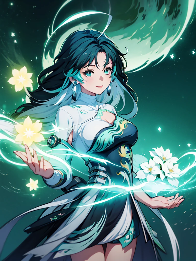 ((semi realistic)), ((Anime girl)), firefy, honkai star rail, green air particle, ((cyan aura surrounding character)), forest, Tao symbol, wide smiling, white flower, glowing fireflies