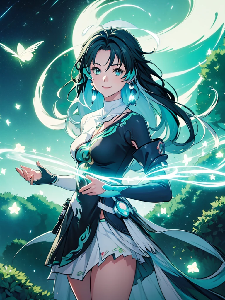 ((semi realistic)), ((Anime girl)), firefy, honkai star rail, green air particle, ((cyan aura surrounding character)), forest, Tao symbol, wide smiling, white flower, glowing fireflies