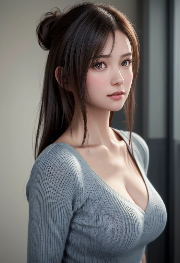 8K, of the highest quality, masutepiece:1.2), (Realistic, Photorealsitic:1.37), of the highest quality, masutepiece, Beautiful young woman, Pensive expression,、A charming、and an inviting look, Oversized knitwear、cleavage of the breast, Hair tied back, Cinematic background, Light skin tone