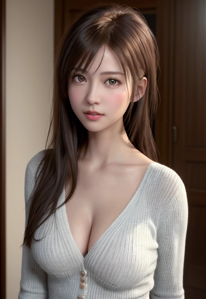 8K, of the highest quality, masutepiece:1.2), (Realistic, Photorealsitic:1.37), of the highest quality, masutepiece, Beautiful young woman, Pensive expression,、A charming、and an inviting look, Oversized knitwear、cleavage of the breast, Hair tied back, Cinematic background, Light skin tone