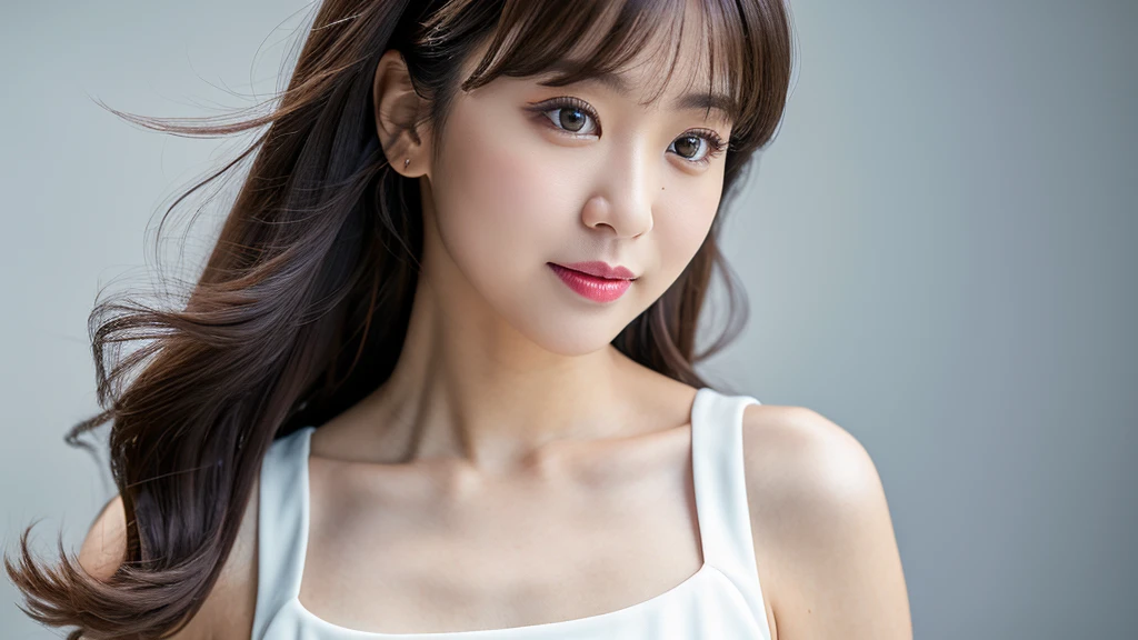 (Detailed face),vivid,chest,cute,A silky white dress with sleeveless top and turtleneck,4K,Ultra-high resolution,（Photorealistic：1.7）,Gray background,Long Hair,
