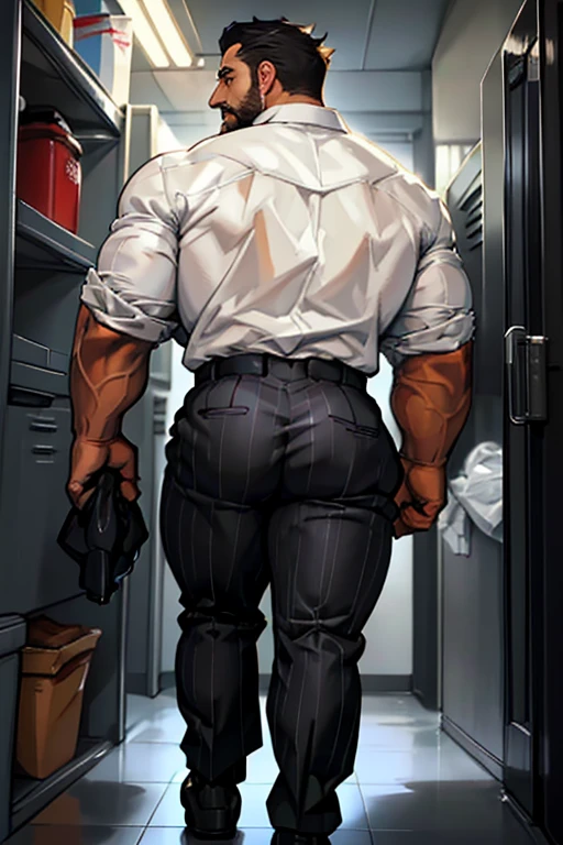 a muscular 40-year-old american man in a white formal shirt, black pinstriped trousers, seductive expression, water dripping on his body and thong, arching his back and looking back at the camera, unrealistically large butt, hairy legs, muscular thighs, low angle camera in a locker room setting