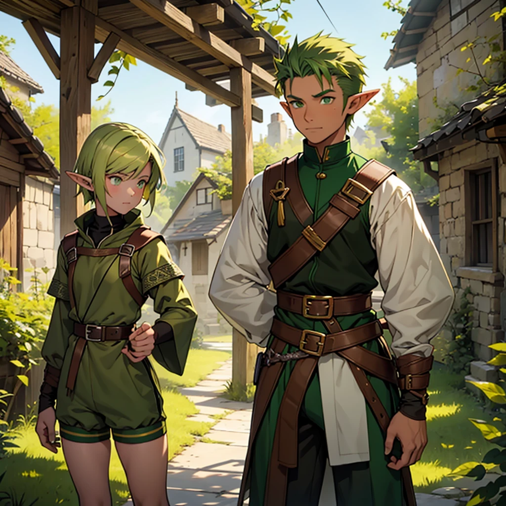 make a 14 year old elf boy wearing a green archer outfit with yellow and black striped hair with brown eyes discussing a 25 year old elf girl with green hair and green eyes wearing a green archer outfit with shorts in front of a village medieval 