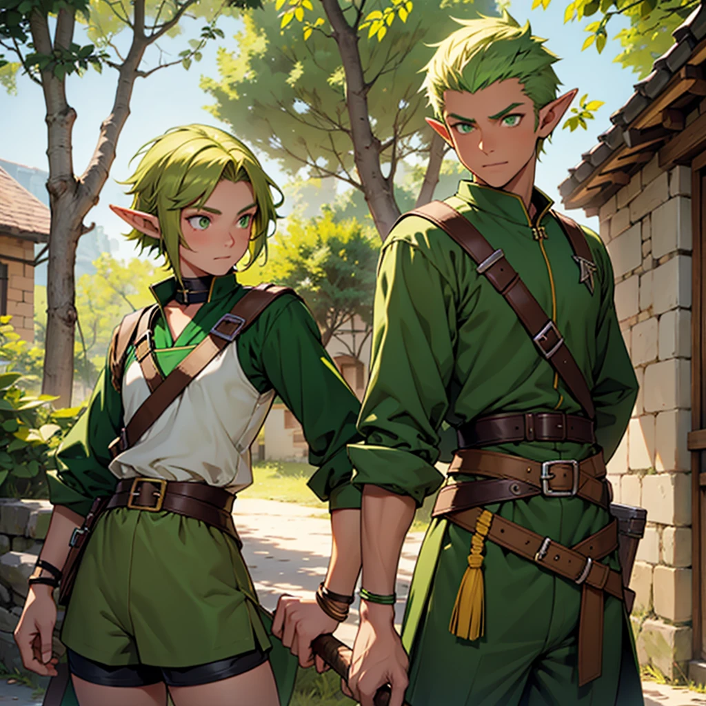 make a 14 year old elf boy wearing a green archer outfit with yellow and black striped hair with brown eyes discussing a 25 year old elf girl with green hair and green eyes wearing a green archer outfit with shorts in front of a village medieval 
