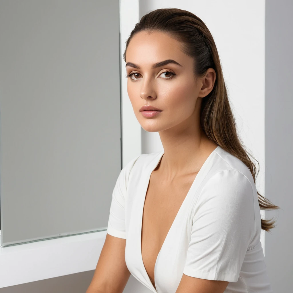 beautiful brunette, (((oval face shape with golden proportions, tall and defined cheekbones, gently angular jaw, slightly pointed chin, medium forehead with gently arched hairline))), wavy brown hair in a sleek half-up hairstyle, ((arched eyebrows)), (((contemplative pose, sitting on a white cube, Multiple reflections visible in strategically placed mirrors))). (((Wide medium shot, showing the character from the thigh up, with a pristine white background and mirror panels creating an illusion of infinity))). highy detailed, 20 year, ((eyes browns)). (((Nose with straight back, slightly rounded tip, harmonious proportion with the face, symmetrical and refined nostrils))). ((Medium, well-defined lips, soft cupid's bow, natural redness around the edges, smooth texture with visible hydration)). high resolution, work of art. Pele realista Fitzpatrick IV, texture of "Orange peel" subtle on the cheeks, discrete nevus of Ota. ((Wearing a white silk column dress with a minimalist and modern cut)). excellent quality, extremely detaild, sharp focus, ((shooting with Leica S3, Summicron-S 100mm f/2 ASPH)), Rec color vision. 2020. Proportionate Body, photoshot_(ultra), photoshotrrealismo, photoshotgrafia (film grain) (((Clean, uniform lighting with large softboxes, creating an ethereal atmosphere and soft reflections in mirrors))) Em primeiro plano.