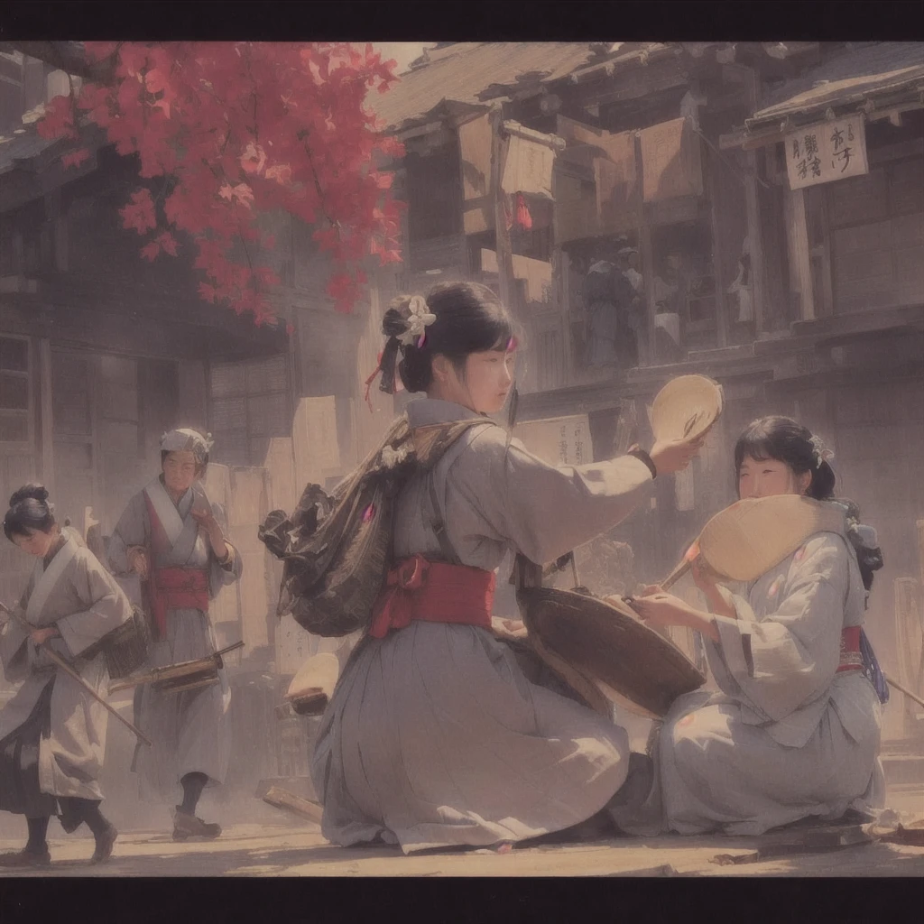Woman sitting on the ground and a large group of people々Picture, Gwaiz on pixiv artstation, Gwaiz, Gwaiz on artstation pixiv, artwork in the style of Gwaiz, Gwaiz masterpiece, Jan J, Beautiful artwork illustration, Written by Zou Zhe, Zeng Jing Blazing flames, fire, crowd, throng, freezing, mother warming her baby.Scenery and Cityscape in the Early Meiji Era After the Meiji Restoration, Japan underwent rapid modernization and civilization. Consequently, many changes and reforms occurred. Below is a detailed explanation of the scenery, appearance of the poor, occupations, and cityscapes in the early Meiji period (1868 to the early 1880s). 2. Appearance of the Poor Life for the impoverished and lower classes remained harsh. In particular, in urban areas, people migrated from rural areas or unemployed artisans gathered, intensifying competition in the labor market. Many of them struggled with poverty, often residing in slums or around temples. 3. Occupations Meiji early Japan witnessed a diversification of occupations. Traditional agriculture and handicrafts were accompanied by the rise of modern industry and commerce. Particularly in urban areas, factory workers, shop clerks, and transporters increased, giving rise to new professions. However, many in these occupations endured harsh working conditions. 4. Influence of Civilization and Enlightenment During the Meiji era, Western cultural influences spread rapidly. Changes in clothing, dietary habits, and the proliferation of Western-style architecture advanced, especially in urban areas. Conversely, this development posed a threat to traditional culture and lifestyles, resulting in societal upheaval and adaptation challenges. 5. Social Change and Policy Influence While promoting modernization policies, the government also addressed poverty and social issues. Legislation for labor protection and charitable activities to aid the poor were implemented. Nevertheless, living conditions for the impoverished scarcely improved. The early Meiji period marked a rapid transformation in Japan, with complex social