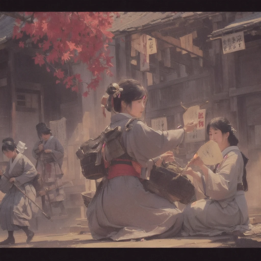 Woman sitting on the ground and a large group of people々Picture, Gwaiz on pixiv artstation, Gwaiz, Gwaiz on artstation pixiv, artwork in the style of Gwaiz, Gwaiz masterpiece, Jan J, Beautiful artwork illustration, Written by Zou Zhe, Zeng Jing Blazing flames, fire, crowd, throng, freezing, mother warming her baby.Scenery and Cityscape in the Early Meiji Era After the Meiji Restoration, Japan underwent rapid modernization and civilization. Consequently, many changes and reforms occurred. Below is a detailed explanation of the scenery, appearance of the poor, occupations, and cityscapes in the early Meiji period (1868 to the early 1880s). 2. Appearance of the Poor Life for the impoverished and lower classes remained harsh. In particular, in urban areas, people migrated from rural areas or unemployed artisans gathered, intensifying competition in the labor market. Many of them struggled with poverty, often residing in slums or around temples. 3. Occupations Meiji early Japan witnessed a diversification of occupations. Traditional agriculture and handicrafts were accompanied by the rise of modern industry and commerce. Particularly in urban areas, factory workers, shop clerks, and transporters increased, giving rise to new professions. However, many in these occupations endured harsh working conditions. 4. Influence of Civilization and Enlightenment During the Meiji era, Western cultural influences spread rapidly. Changes in clothing, dietary habits, and the proliferation of Western-style architecture advanced, especially in urban areas. Conversely, this development posed a threat to traditional culture and lifestyles, resulting in societal upheaval and adaptation challenges. 5. Social Change and Policy Influence While promoting modernization policies, the government also addressed poverty and social issues. Legislation for labor protection and charitable activities to aid the poor were implemented. Nevertheless, living conditions for the impoverished scarcely improved. The early Meiji period marked a rapid transformation in Japan, with complex social