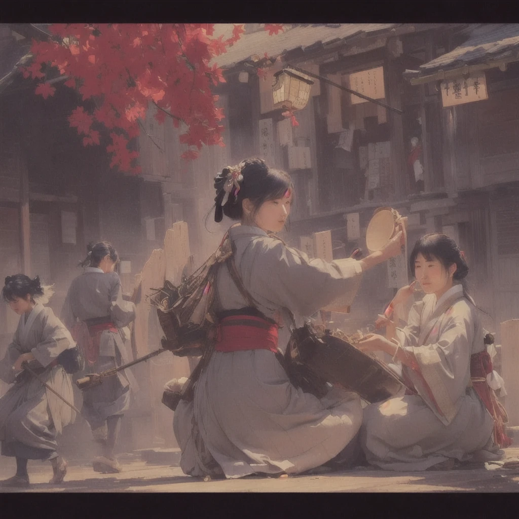 Woman sitting on the ground and a large group of people々Picture, Gwaiz on pixiv artstation, Gwaiz, Gwaiz on artstation pixiv, artwork in the style of Gwaiz, Gwaiz masterpiece, Jan J, Beautiful artwork illustration, Written by Zou Zhe, Zeng Jing Blazing flames, fire, crowd, throng, freezing, mother warming her baby.Scenery and Cityscape in the Early Meiji Era After the Meiji Restoration, Japan underwent rapid modernization and civilization. Consequently, many changes and reforms occurred. Below is a detailed explanation of the scenery, appearance of the poor, occupations, and cityscapes in the early Meiji period (1868 to the early 1880s). 2. Appearance of the Poor Life for the impoverished and lower classes remained harsh. In particular, in urban areas, people migrated from rural areas or unemployed artisans gathered, intensifying competition in the labor market. Many of them struggled with poverty, often residing in slums or around temples. 3. Occupations Meiji early Japan witnessed a diversification of occupations. Traditional agriculture and handicrafts were accompanied by the rise of modern industry and commerce. Particularly in urban areas, factory workers, shop clerks, and transporters increased, giving rise to new professions. However, many in these occupations endured harsh working conditions. 4. Influence of Civilization and Enlightenment During the Meiji era, Western cultural influences spread rapidly. Changes in clothing, dietary habits, and the proliferation of Western-style architecture advanced, especially in urban areas. Conversely, this development posed a threat to traditional culture and lifestyles, resulting in societal upheaval and adaptation challenges. 5. Social Change and Policy Influence While promoting modernization policies, the government also addressed poverty and social issues. Legislation for labor protection and charitable activities to aid the poor were implemented. Nevertheless, living conditions for the impoverished scarcely improved. The early Meiji period marked a rapid transformation in Japan, with complex social
