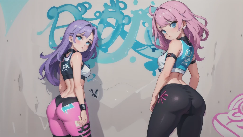  masterpiece, best quality, 25 year old beautiful woman, long hair, (mature face:1.4), 1 lady, alone, crop top, fitness leggings, collar, (from behind:1.4), Fuck ass, Thick thighs, thin waist, (Graffiti:1.5), paint splatter, Put your arms behind your back, against the wall, looking at the audience, armband, thigh strap, Apply to body, head tilt, boring, colorful hair (pink, blue), aqua eyes, earphone