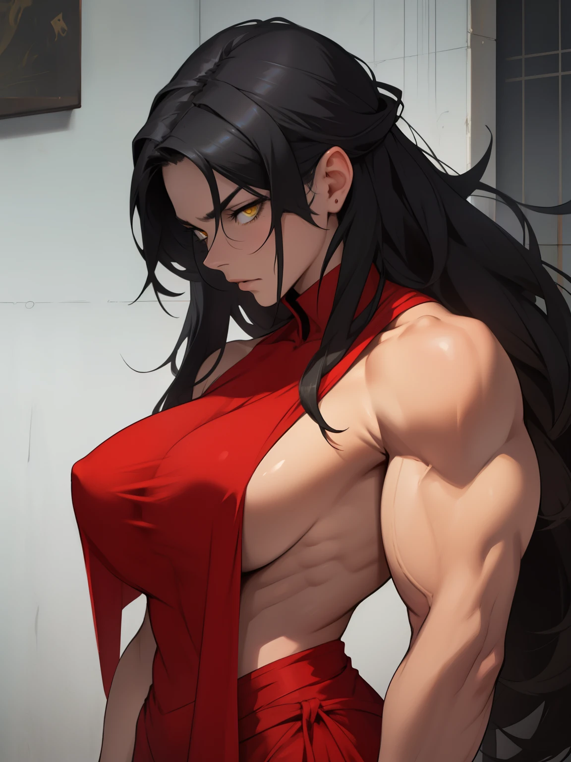 hair flaps massive hair long hair black hair onyx pale skin yellow eyes huge muscles huge breasts sad sad angry sad girl red silk pale